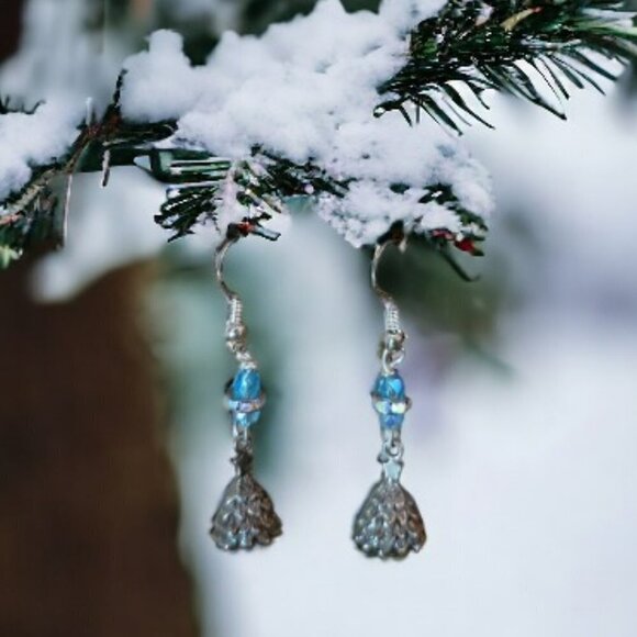 Christmas Tree Brass with Silver Plated and Blue Beads Earrings - Picture 1 of 2